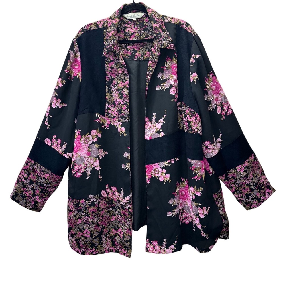 Sarah Elizabeth 22W Floral‎ Patchwork Open Front Jacket Black Pink RN 84849 boho